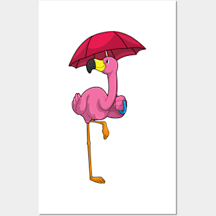 Flamingo at Raining with Umbrella Posters and Art